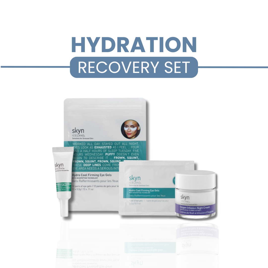 Hydration Recovery Set with eye gel, facial mask sachet, and moisturizing cream jar with white and teal packaging.