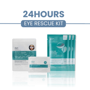 Set of Skyn 24-Hour Eye Rescue Kit with cooling eye gels and smoothing under-eye patches in teal and white packaging.