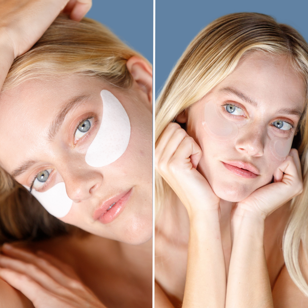 Close-up of woman with white under-eye gel patches and another with radiant skin resting chin on hands against blue.