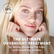 Blonde woman wearing transparent dissolving microneedle eye patches under her eyes, glowing skin.