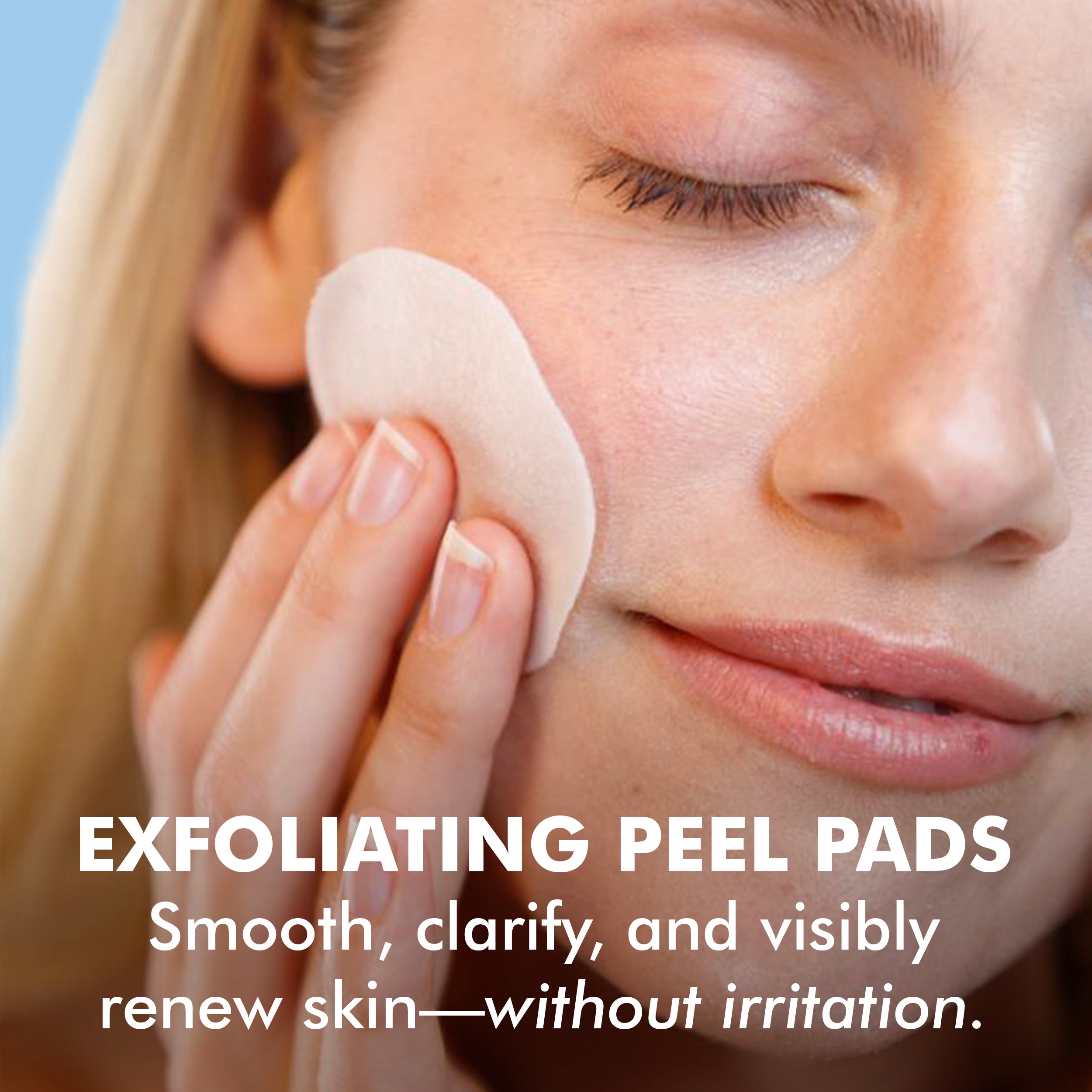 Woman gently applying white exfoliating peel pad to cheek with closed eyes and clear skin.