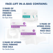 Hydro cool firming eye gels, face gels for forehead and smile lines in white packaging.