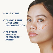 Facial serum applied on cheek of woman with clear skin, text highlighting brightening, anti-aging, and fine line reduction.