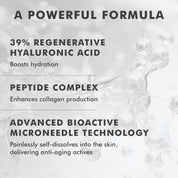 Clear ampoule with transparent dissolving microneedle solution suspended inside, scientific formula text overlay.