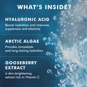 White text listing hyaluronic acid, arctic algae, and gooseberry extract ingredients on a blue icy background with water.