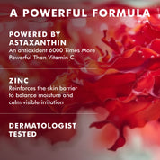 Close-up of vibrant red flower petals with white text overlay highlighting serum benefits and ingredients.