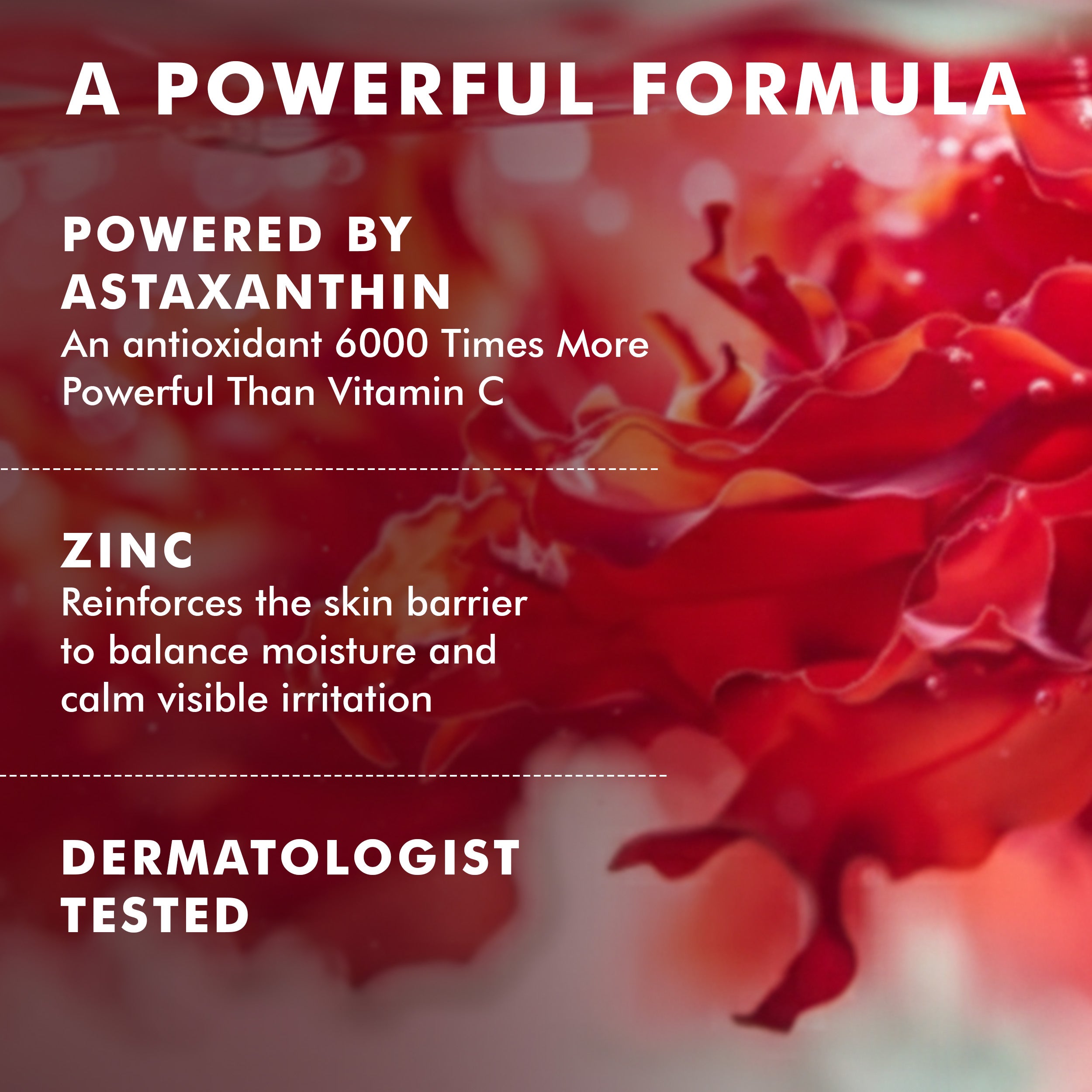 Close-up of vibrant red flower petals with white text overlay highlighting serum benefits and ingredients.