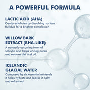 Nordic Skin Peel formula highlighting lactic acid, willow bark extract, and Icelandic glacial water with molecular graphics.
