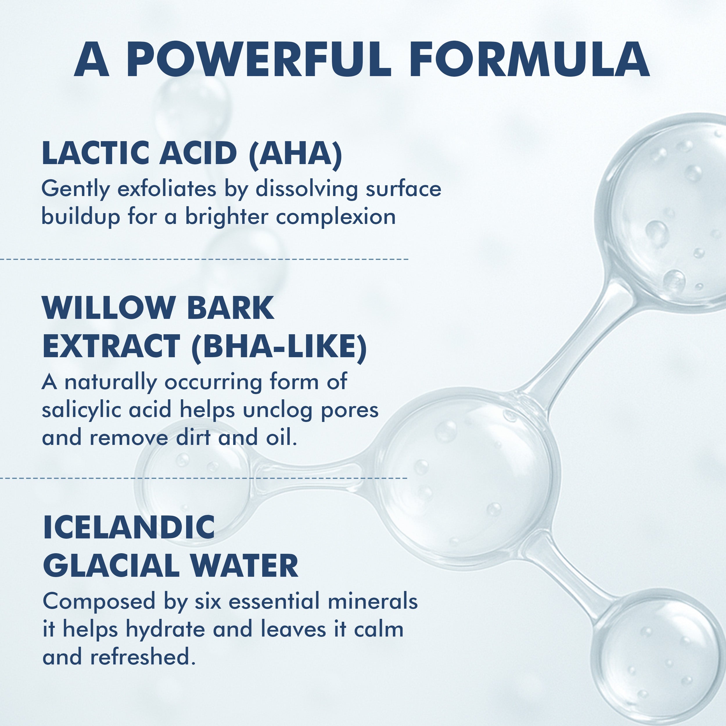 Nordic Skin Peel formula highlighting lactic acid, willow bark extract, and Icelandic glacial water with molecular graphics.