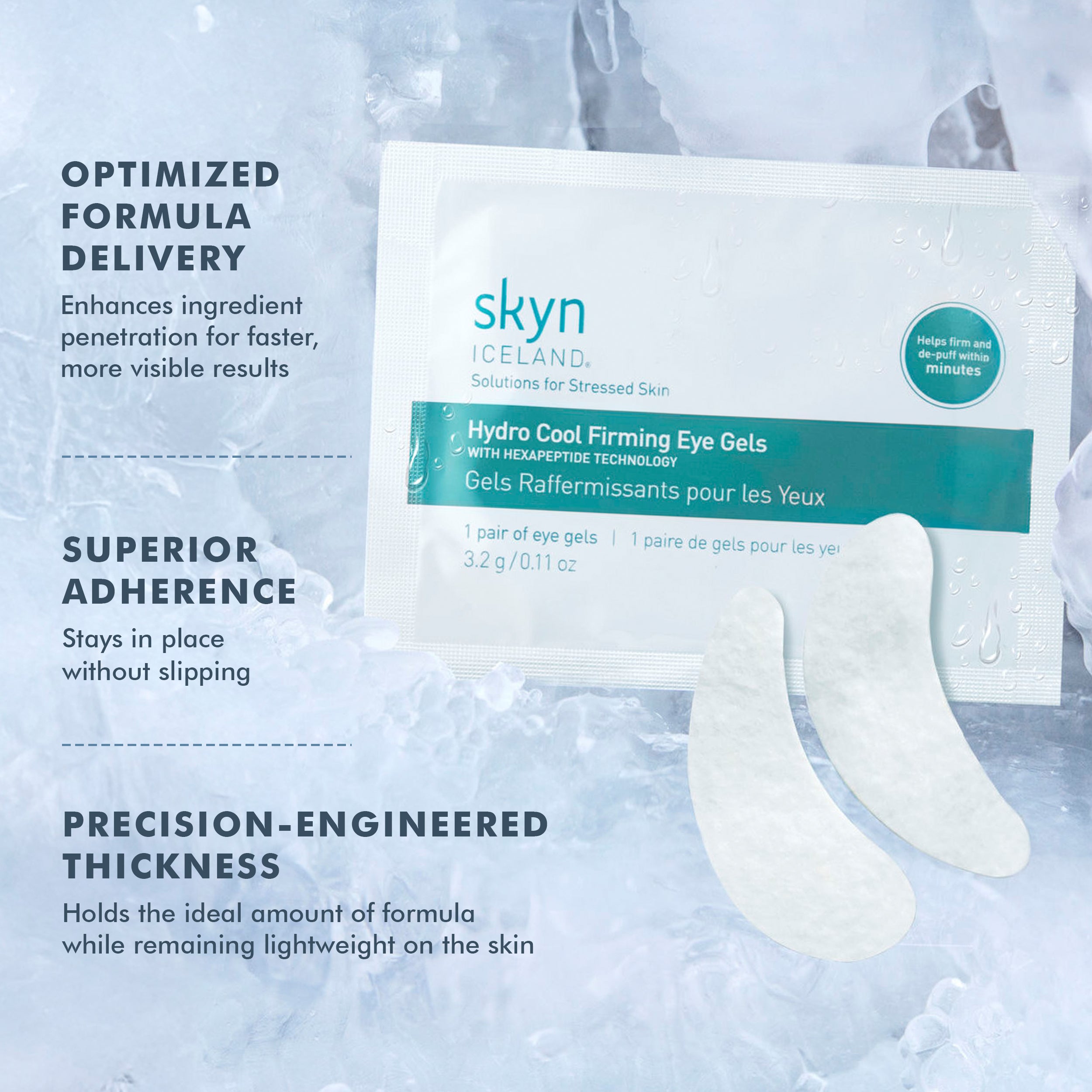 Skyn Iceland Hydro Cool Firming Eye Gels pack with blue and white design and product benefits text on ice background.