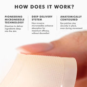 Close-up of a translucent dissolving microneedle eye patch held between fingers, showing tiny microneedles on its surface.