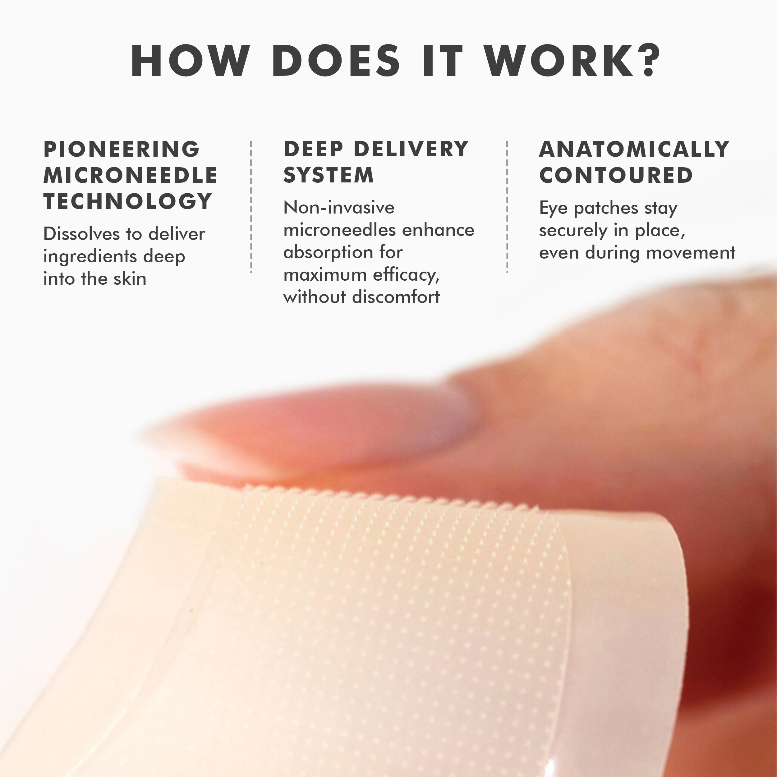 Close-up of a translucent dissolving microneedle eye patch held between fingers, showing tiny microneedles on its surface.