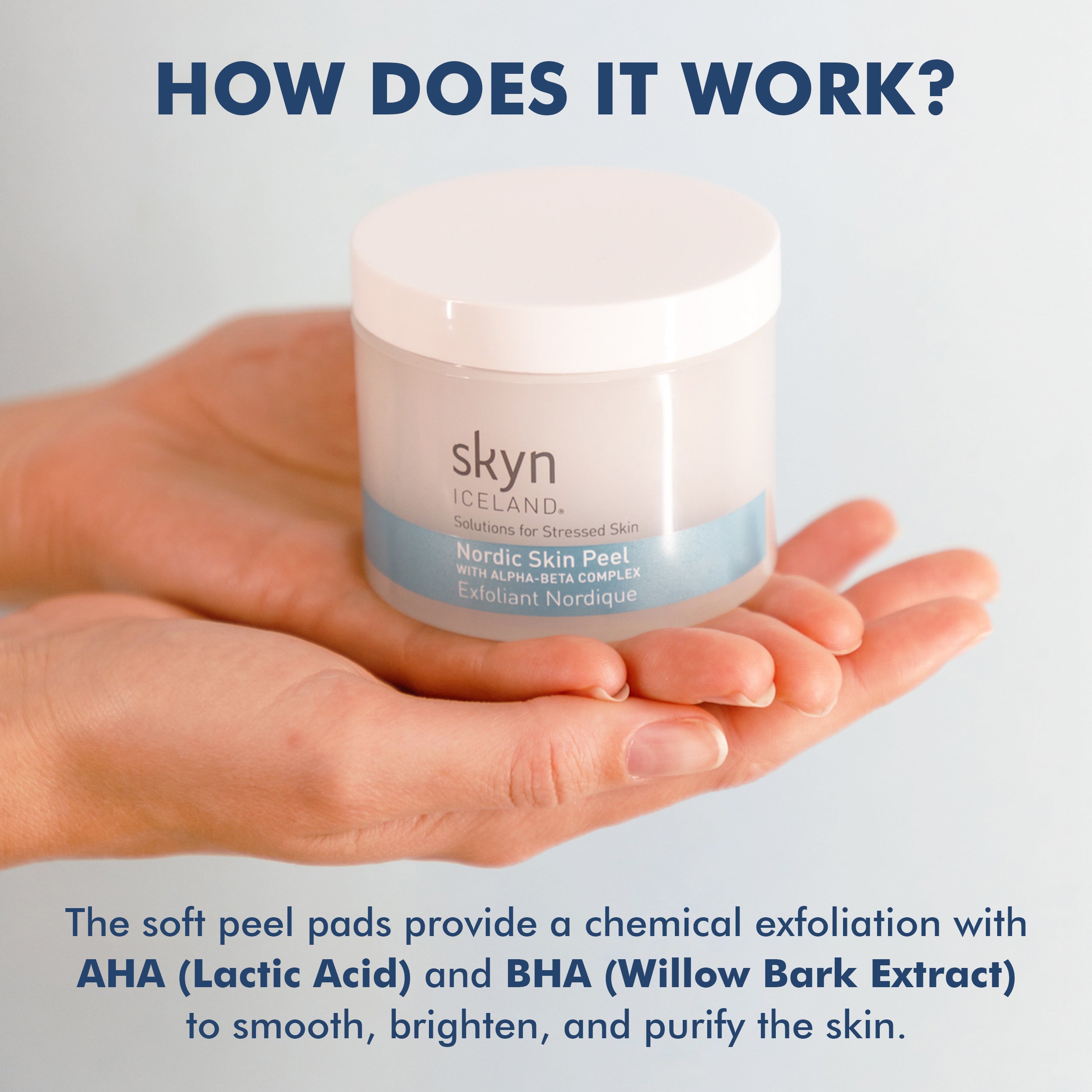Hand holding Nordic Skin Peel jar with white lid and blue label detailing chemical exfoliation ingredients.
