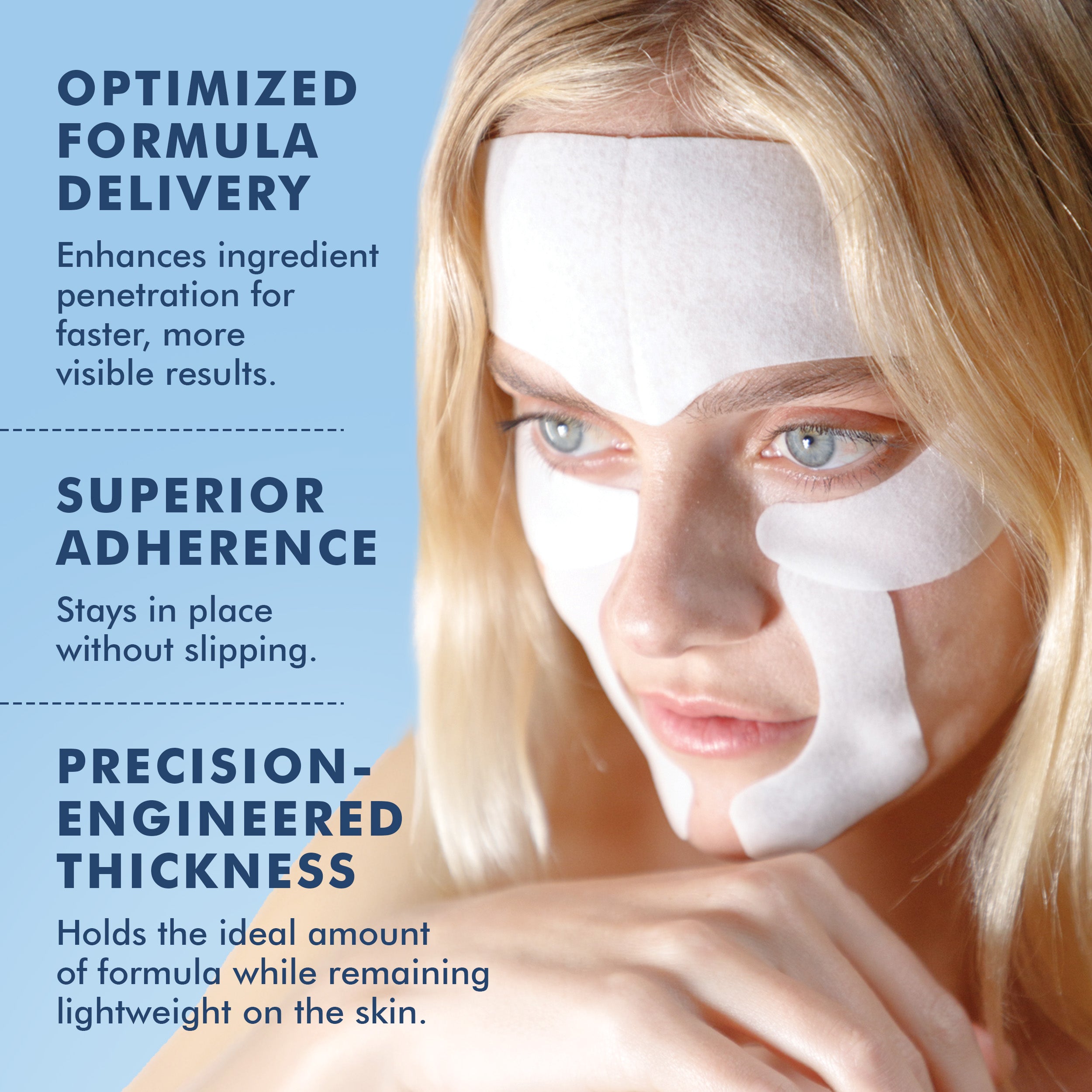 Woman with smooth white adhesive face patches on forehead, under eyes, and chin highlighting skincare treatment benefits.