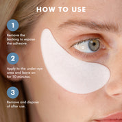 White hydro cool firming eye gel patch applied under woman’s eye with usage instructions on beige background.