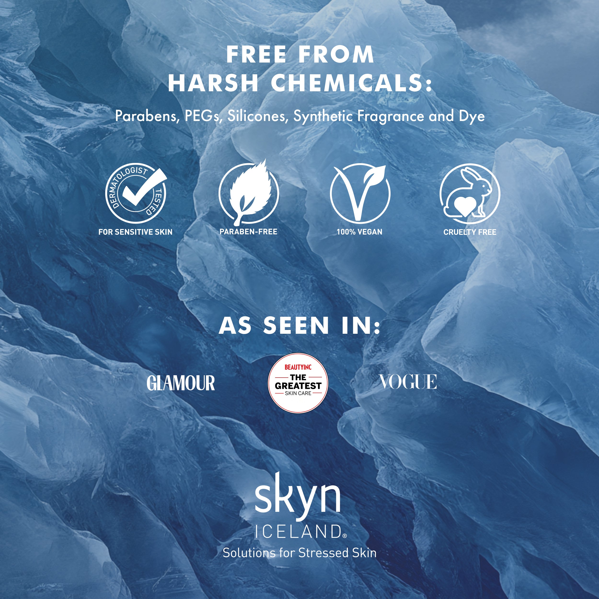 Blue ice cube background with white text highlighting Hydro Cool Firming Eye Gels' chemical-free formula and brand logos.
