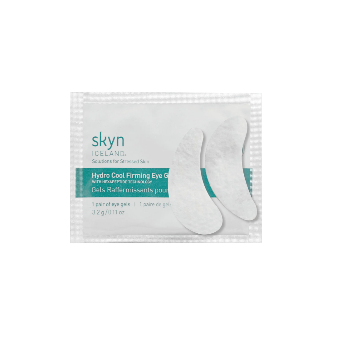 Skyn Iceland Hydro Cool Firming Eye Gels with white crescent-shaped patches and teal accents on white packaging.