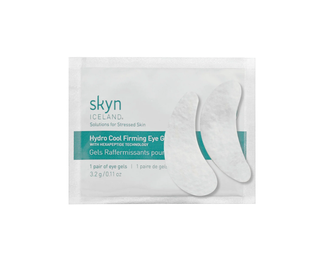 Skyn Iceland Hydro Cool Firming Eye Gels with white crescent-shaped patches and teal accents on white packaging.
