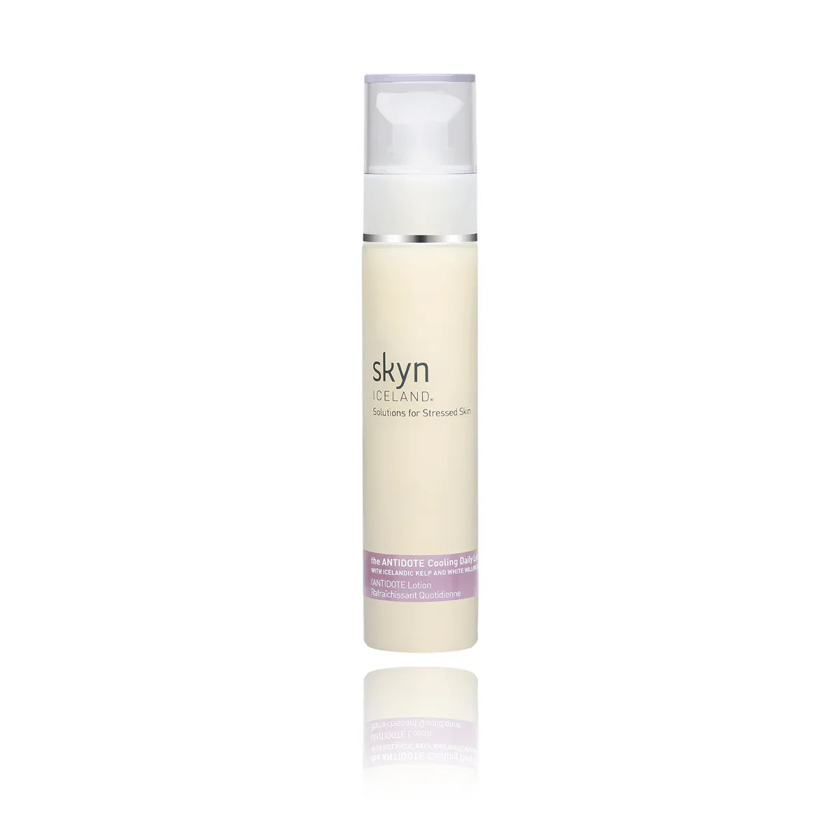 Skyn hydrating daily lotion in a tall white pump bottle with silver and purple accents.
