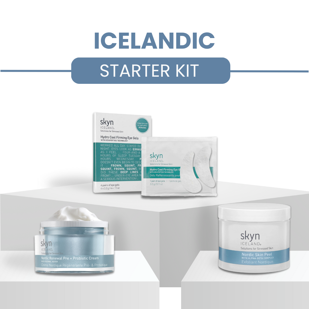 Skyn Icelandic Starter Kit with Hydrating Face Cream in clear jar and Arctic Rescue Face Wash in white jar, teal and white.