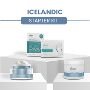 Skyn Icelandic Starter Kit with Hydrating Face Cream in clear jar and Arctic Rescue Face Wash in white jar, teal and white.