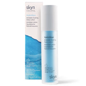 Tall cylindrical blue bottle with a white cap labeled Antidote Cooling Daily Lotion by skyn Iceland.