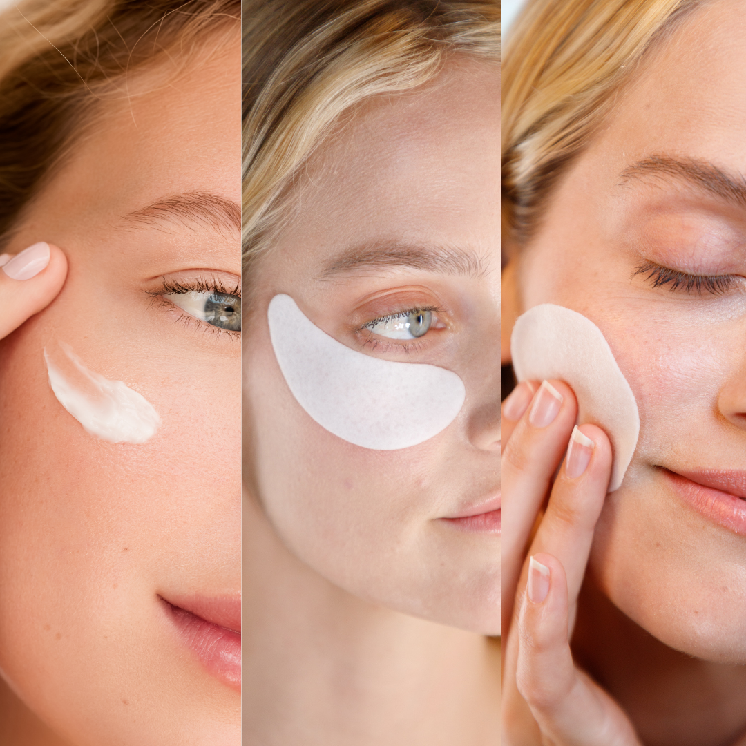 Collage showing woman applying white cream on cheek, wearing white under-eye gel patches, and pressing a white round cotton.