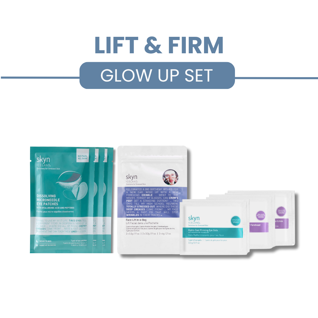 Set of four skincare products with teal, white, and purple packaging labeled for lifting and firming effects.