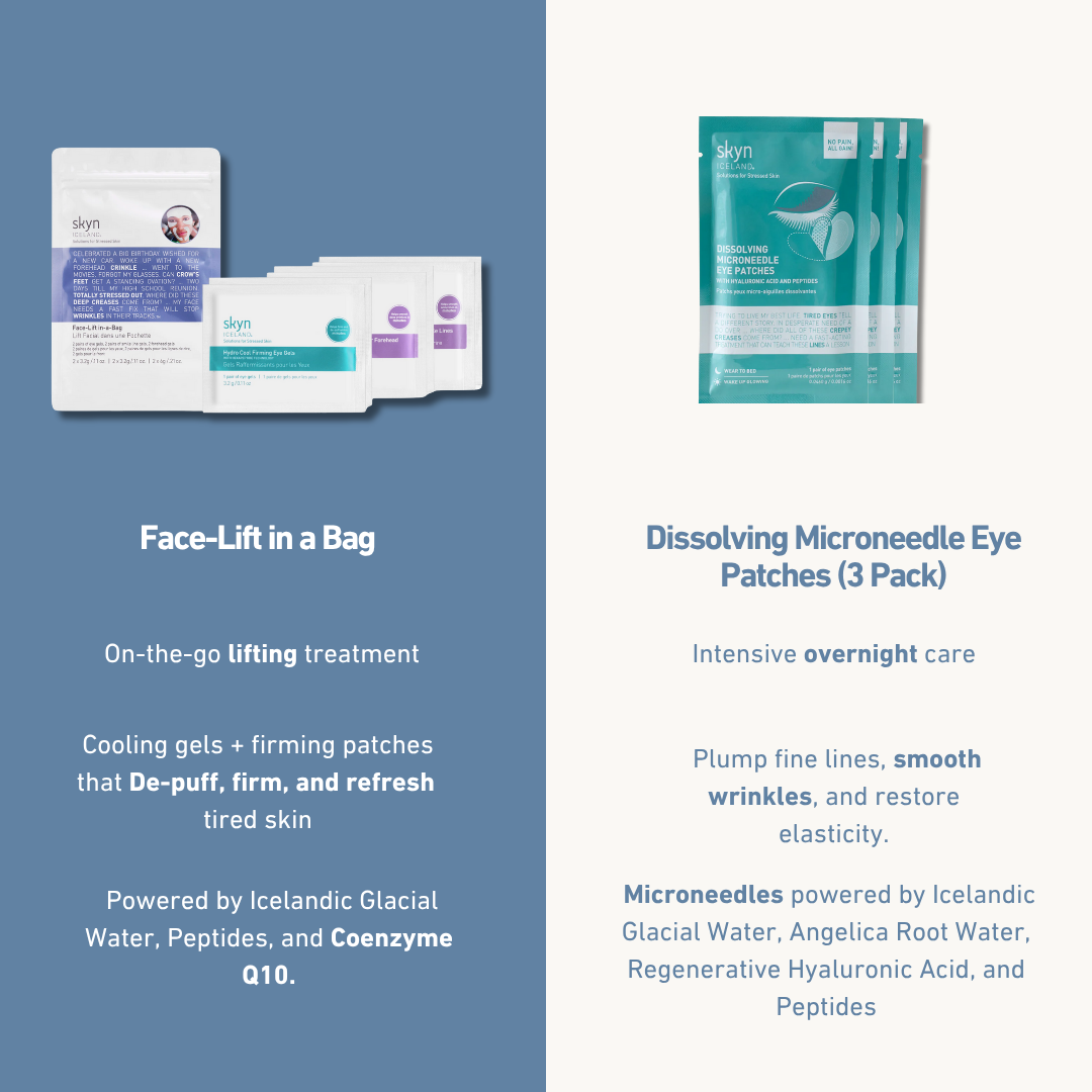 Three teal dissolving microneedle eye patch sachets and a white face-lift in a bag kit with purple and teal accents on a.