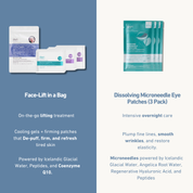 Three teal dissolving microneedle eye patch sachets and a white face-lift in a bag kit with purple and teal accents on a.