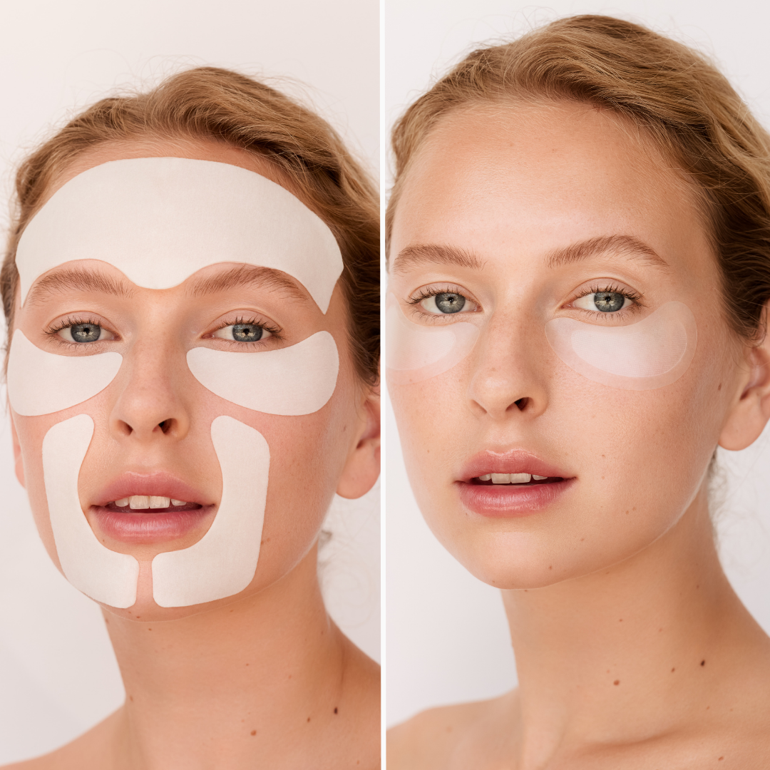 Woman wearing white lifting and firming facial patches on forehead, cheeks, chin, and nose in left image, and under-eye.
