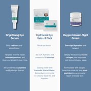 Brightening eye serum tube in white and green, cooling gel eye pads in blue packaging, and purple jar of night cream with.
