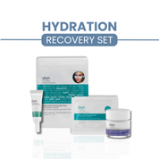 Hydration Recovery Set with white and teal eye-gel tubes, moisturizing cream jar, and facial mask packets.