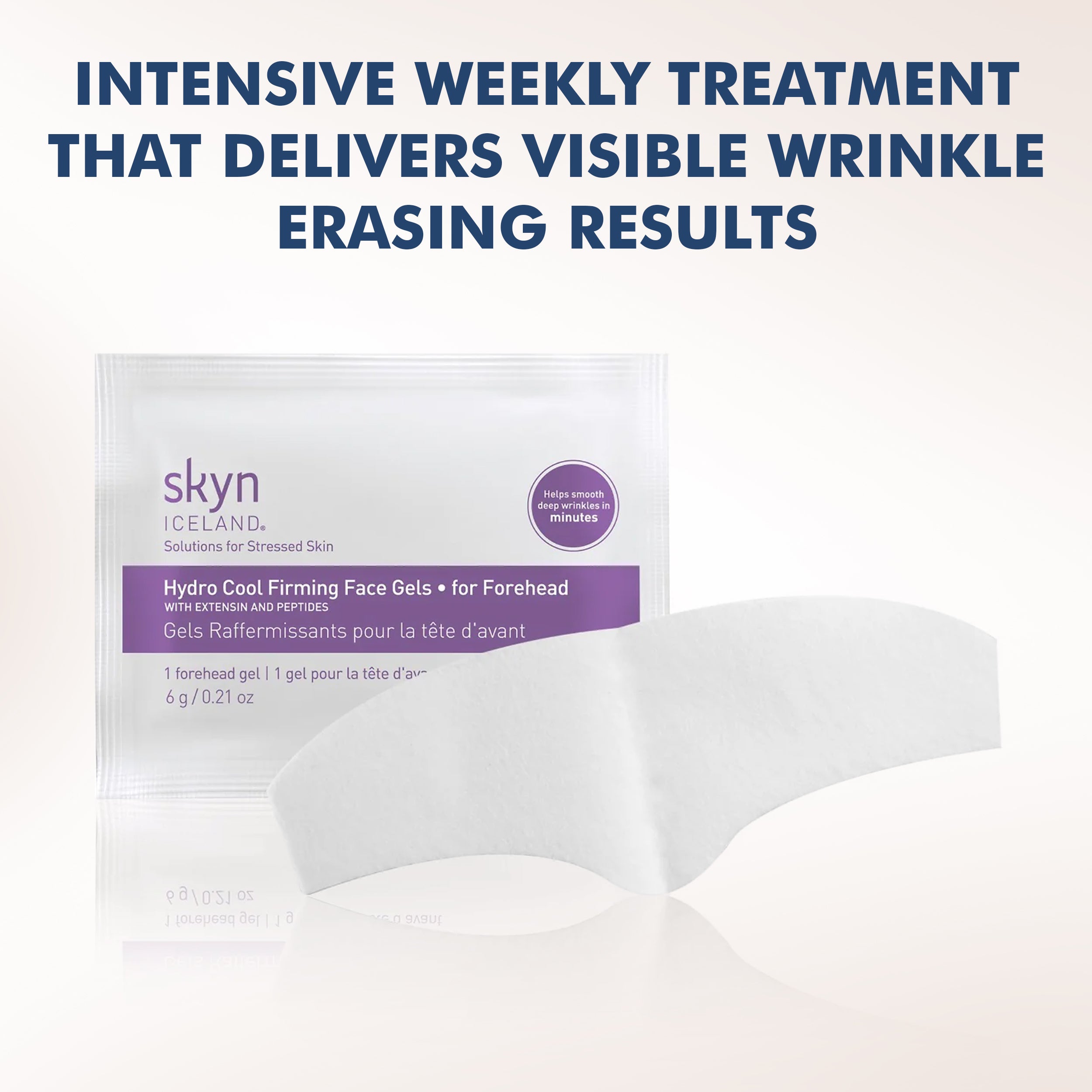 Skyn Iceland Hydro Cool Firming Face Gel for forehead with white cooling gel patch and purple-accented box.