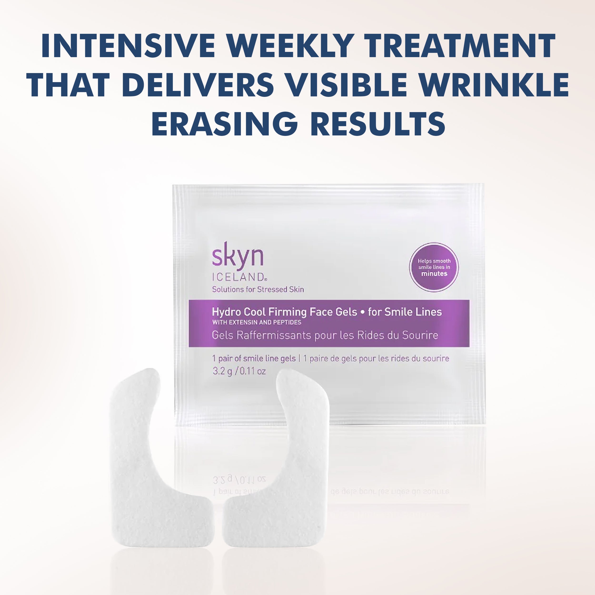 Hydro Cool Firming Face Gels for Smile Lines with purple and white packaging and two curved white gel patches.