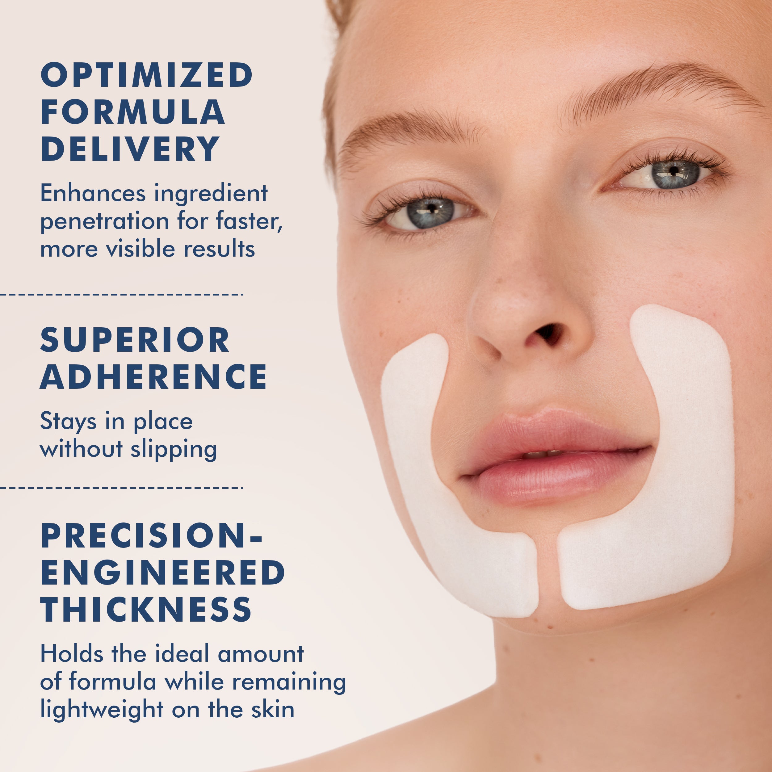 Hydro Cool Firming Face Gels applied around mouth and chin on fair skin with text highlights on formula delivery and.