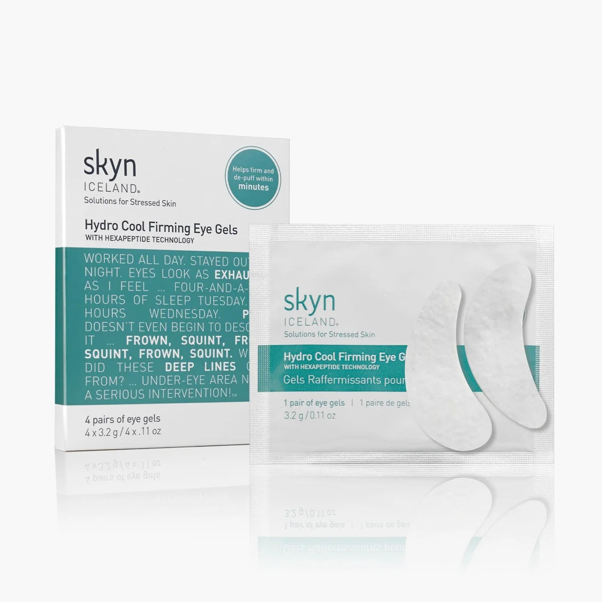 Skyn Iceland Hydro Cool Firming Eye Gels with teal and white packaging and two clear eye gel patches visible.