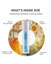 Tall cylindrical light blue bottle with white pump dispenser and white label featuring HydroSkyn branding.