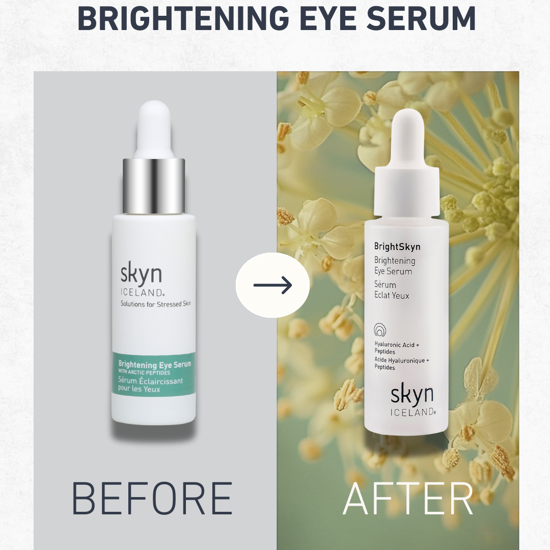 Two white dropper bottles of Brightening Eye Serum side by side; left bottle plain white with silver dropper cap, right.