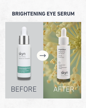 Two white dropper bottles of Brightening Eye Serum side by side; left bottle plain white with silver dropper cap, right.