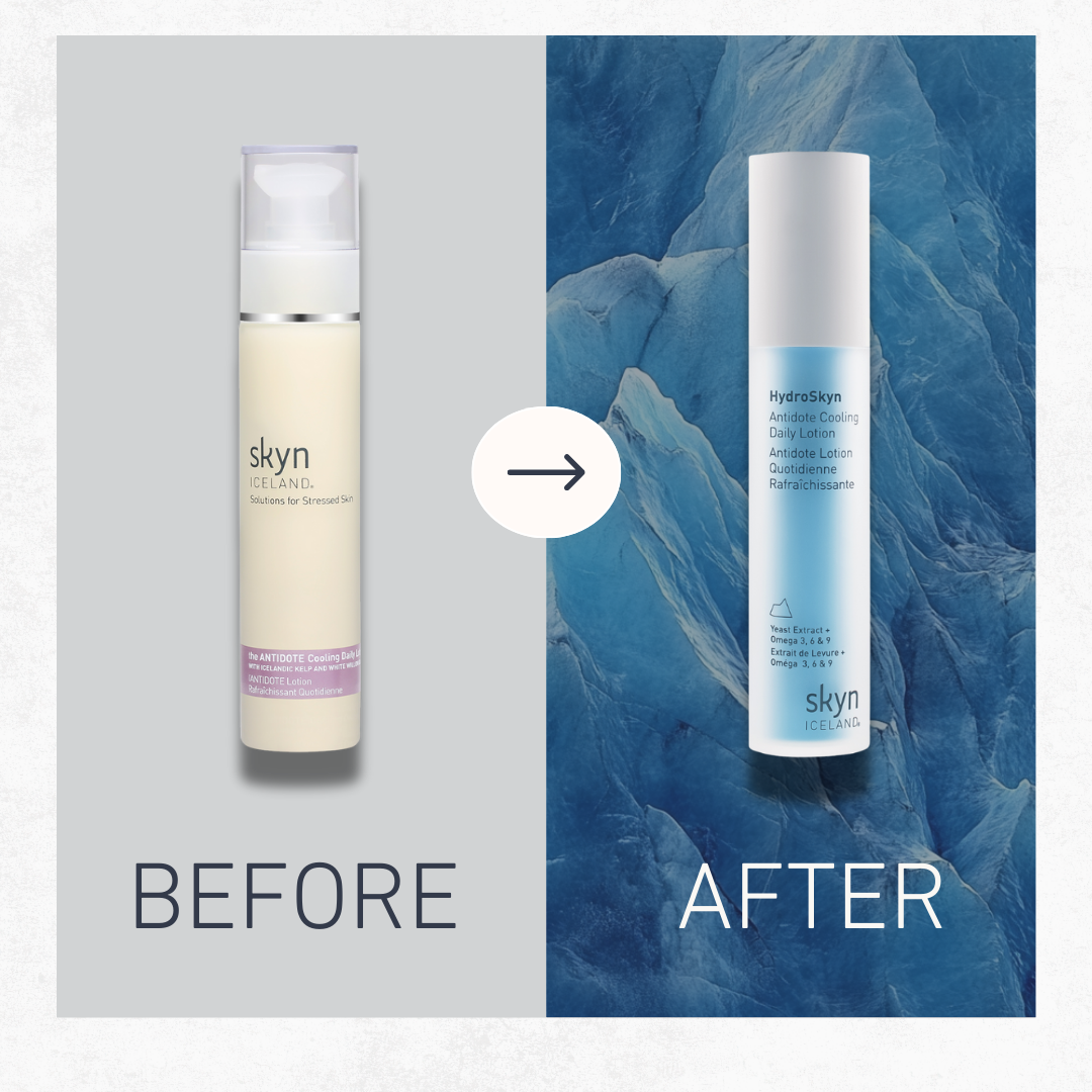 Two vertical skincare bottles side by side with text "before" under a beige pump bottle and "after" under a slim blue bottle
