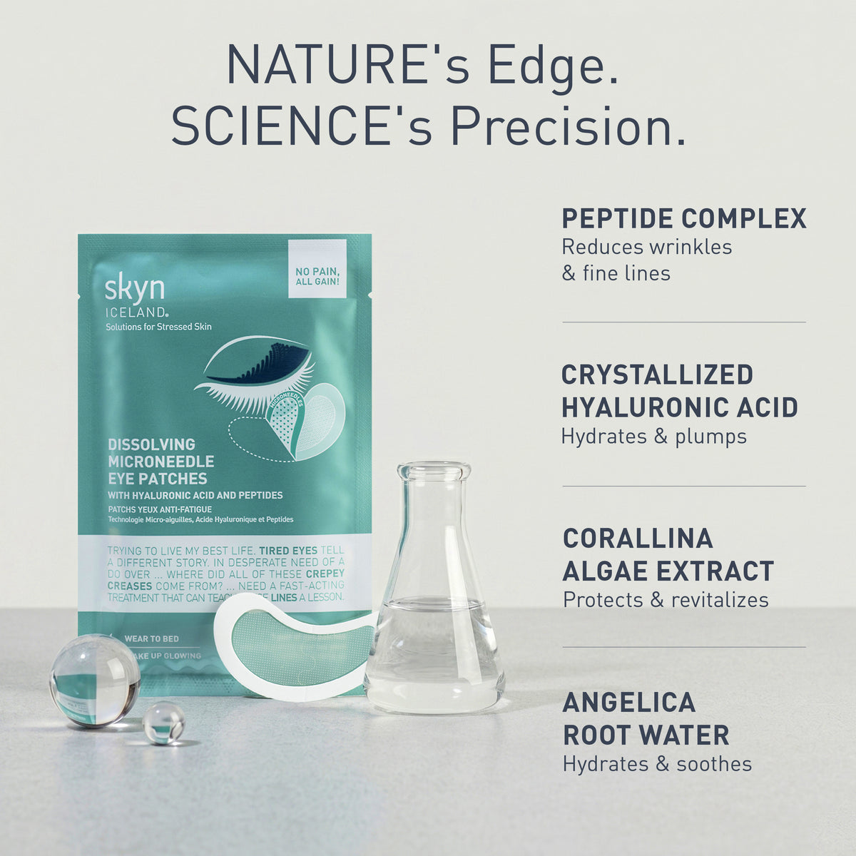 Teal and white dissolving microneedle eye patches packaging with scientific glassware and product ingredients text.