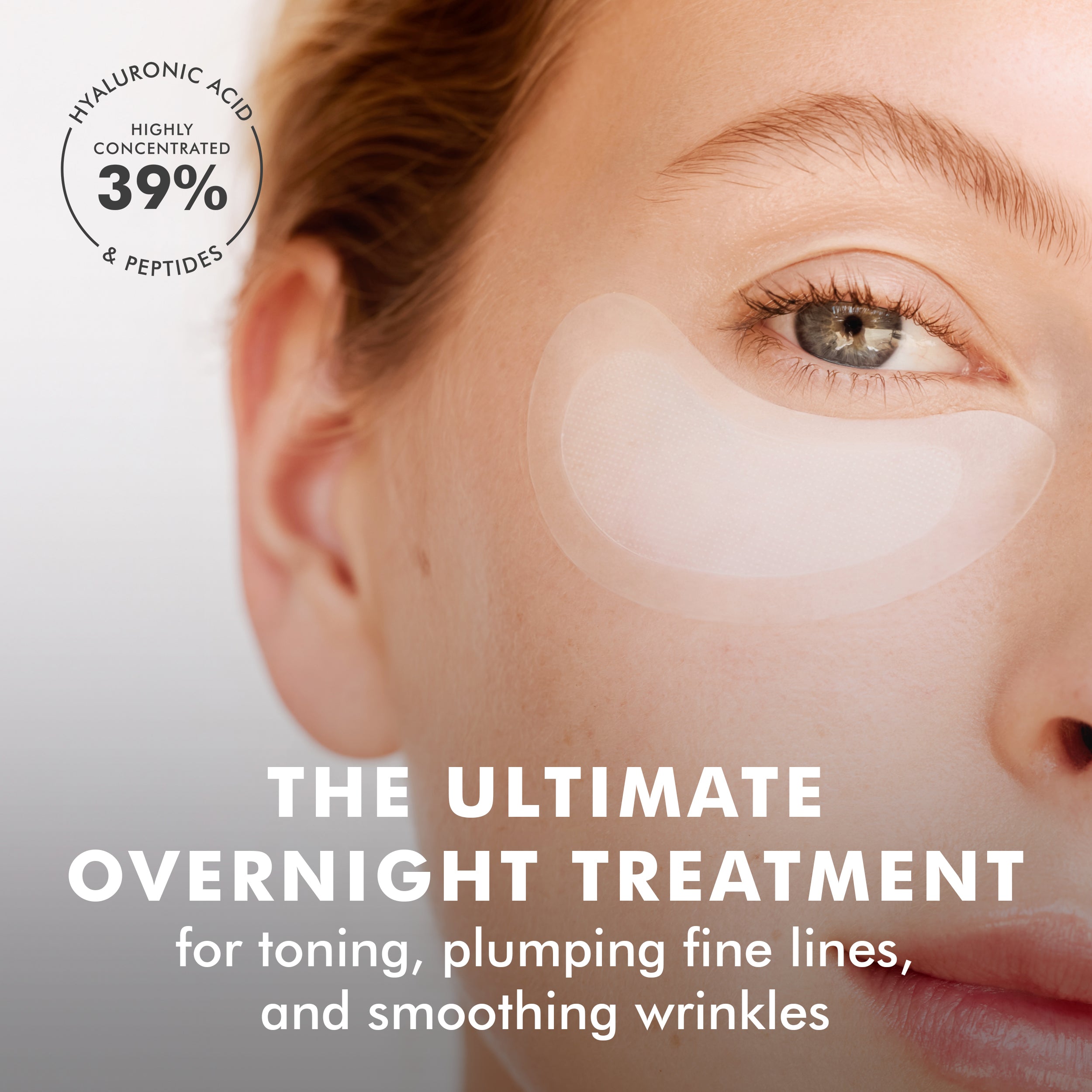Clear dissolving microneedle eye patch on under-eye area with smooth skin and text overlay.