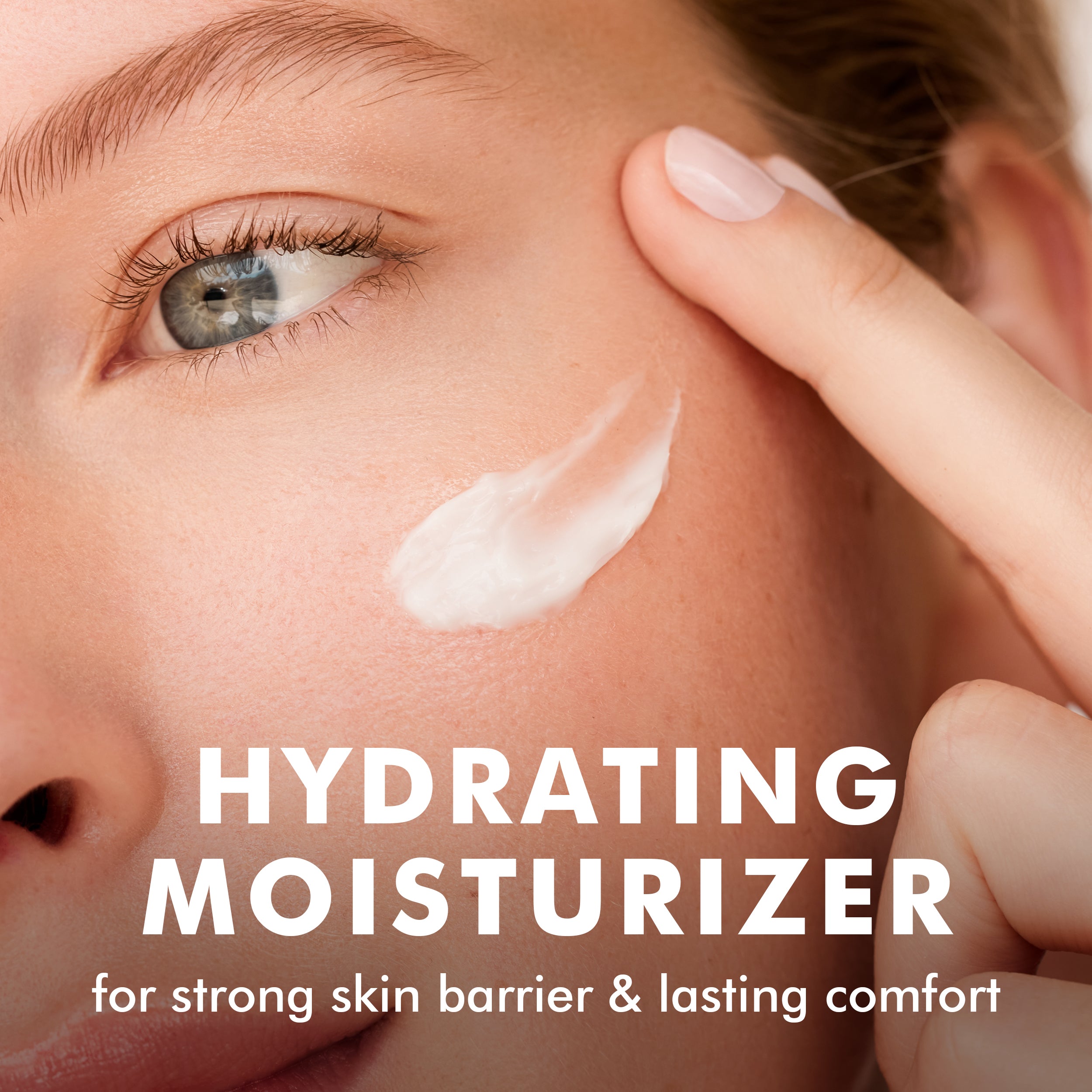 Close-up of woman's cheek with white cream applied, highlighting hydrating moisturizer text.