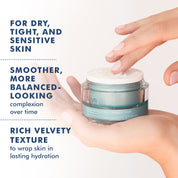 Jar of Nordic Renewal Pre + Probiotic Cream with white lid and blue-green glass container, held by two hands against white.