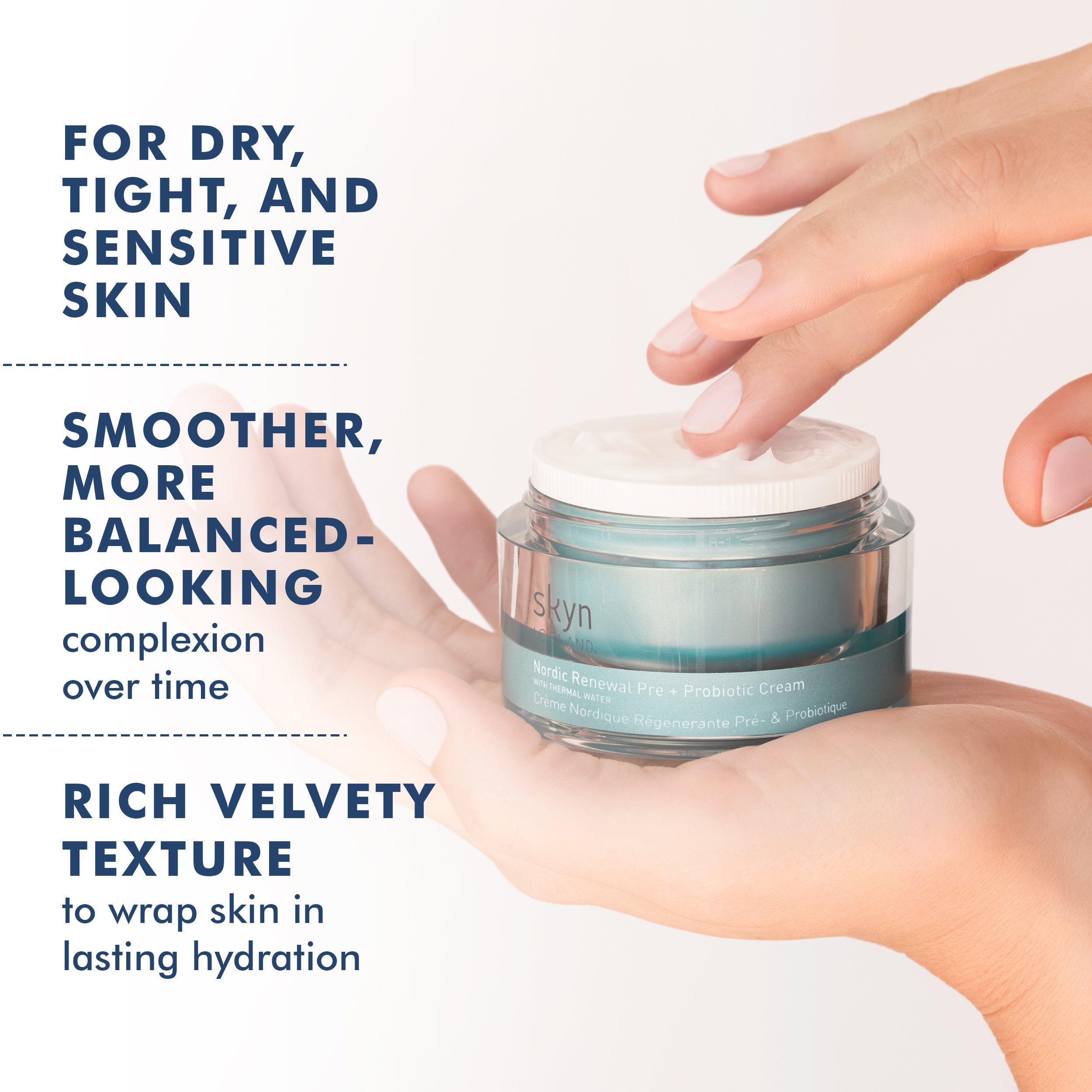 Jar of Nordic Renewal Pre + Probiotic Cream with white lid and blue-green glass container, held by two hands against white.