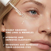 Clear dropper releasing serum onto under-eye skin of a fair-skinned woman with blue eyes and natural makeup.