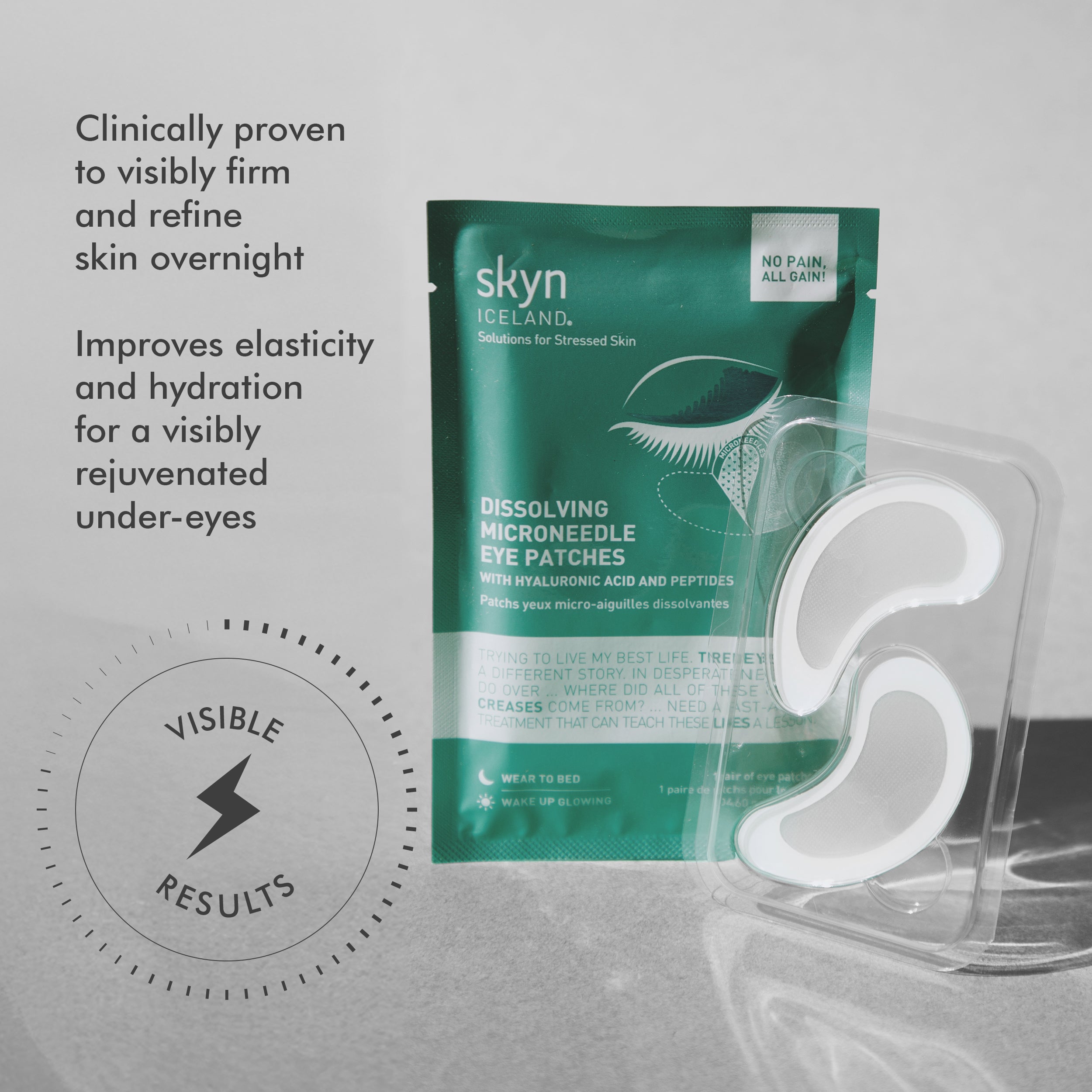 Green pouch of Dissolving Microneedle Eye Patches with two translucent crescent-shaped patches on clear stand.