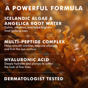 Brightening Eye Serum bottle with a translucent orange dropper cap and clear glass body filled with light amber liquid, set.