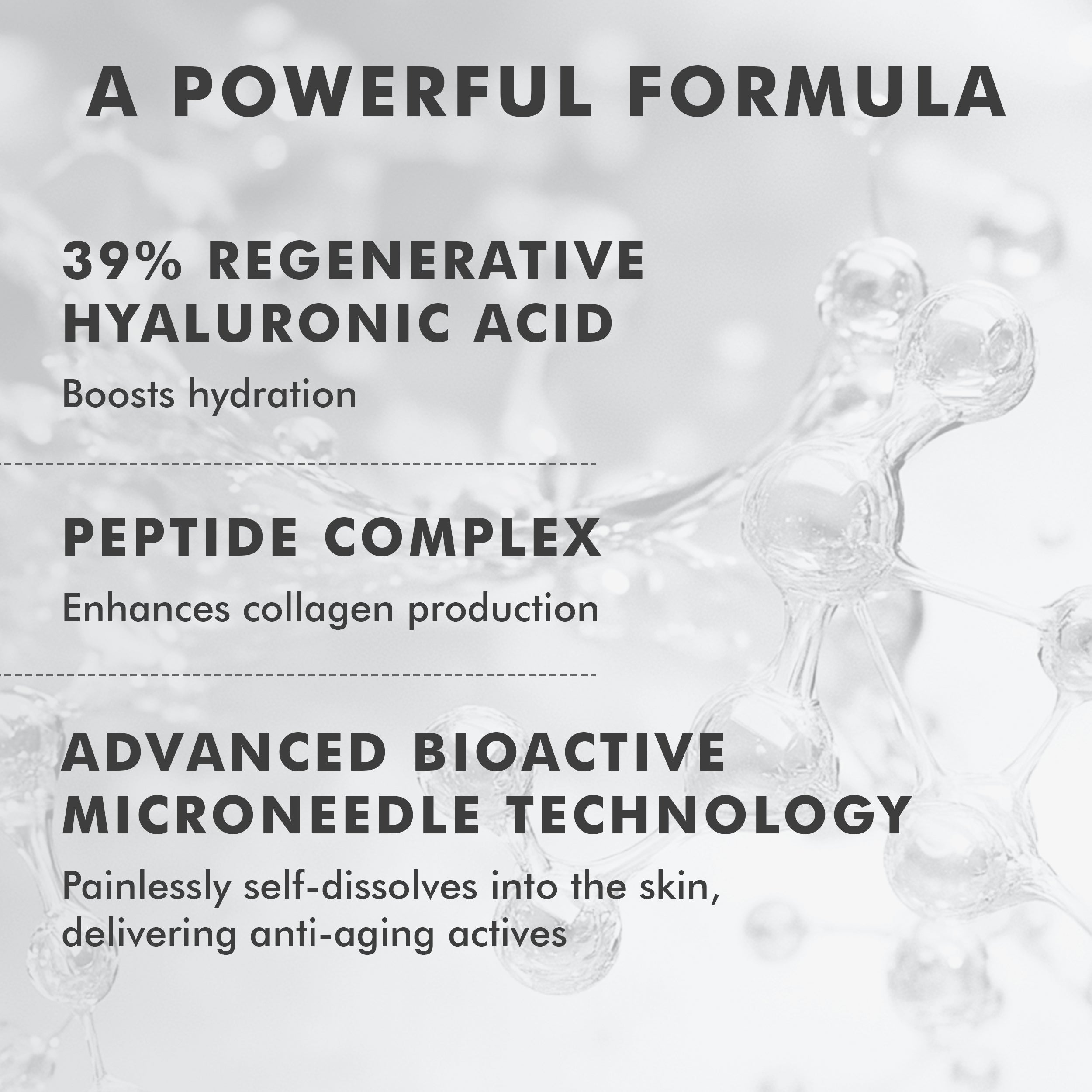 Clear serum droplet with text overlay describing hyaluronic acid, peptide complex, and microneedle technology features.